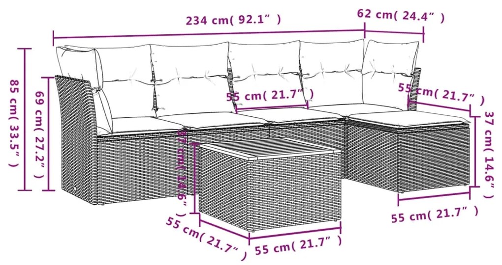 Set Divano da Giardino 6 pz con Cuscini Beige in Polyrattan