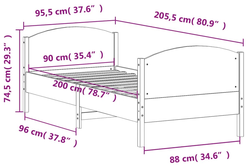 Giroletto con Testiera Marrone Cera 90x200 cm Massello Pino