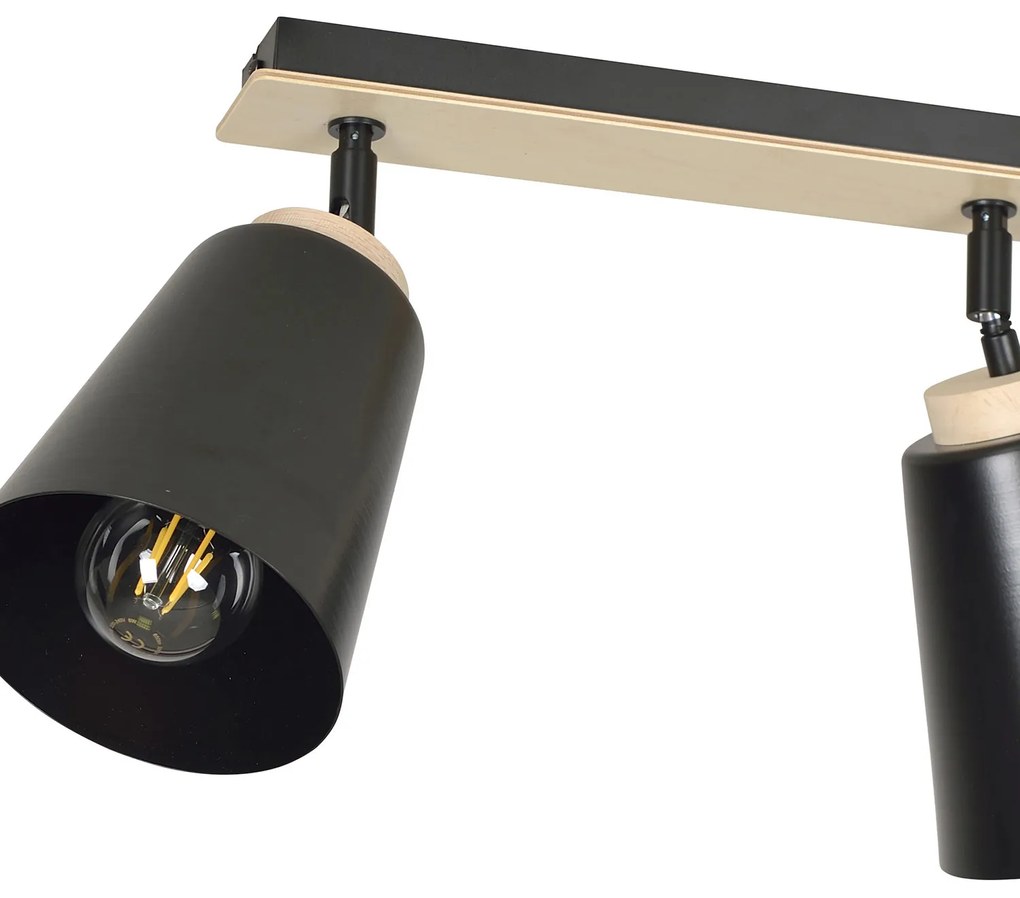 Plafoniera Faretti Spot Orientabili 3 Luci Xiwangmu Acciaio Nero E Legno Naturale