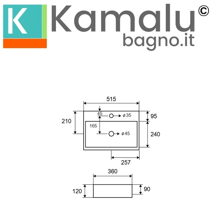 Kamalu - lavandino da appoggio rettangolare in ceramica bianca | litos-250