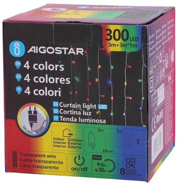 Aigostar - Catena luminosa natalizia LED RGBY per esterni, 300 LED, 6W, 230V, 8 funzioni, 3x1 m, IP44, con telecomando