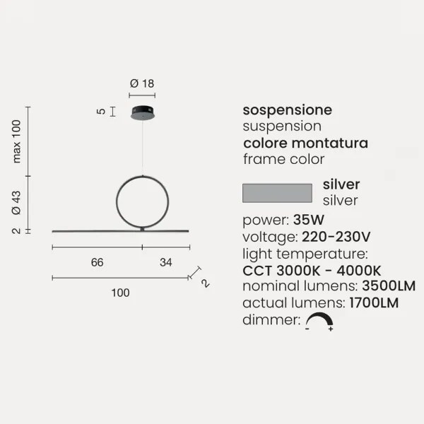 Lampada sospensione moderna LED 35W- metallo ACROBAT 40 Silver