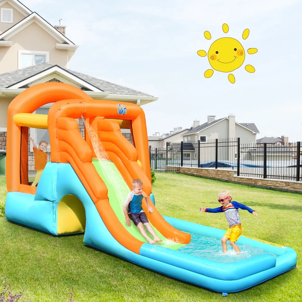 Costway Castello gonfiabile con scivolo ad acqua area e piscina 490x225x240cm, Parco acquatico gonfiabile per bambini