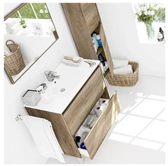 Mobile bagno 80 cm con colonna, lavabo e specchio rovere - Dakota 94611