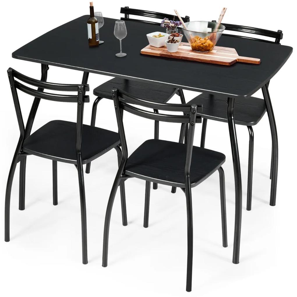 Costway Set tavolo e sedie da cucina con telaio in metallo, Tavolo da pranzo rettangolare e 4 sedie da soggiorno Nero