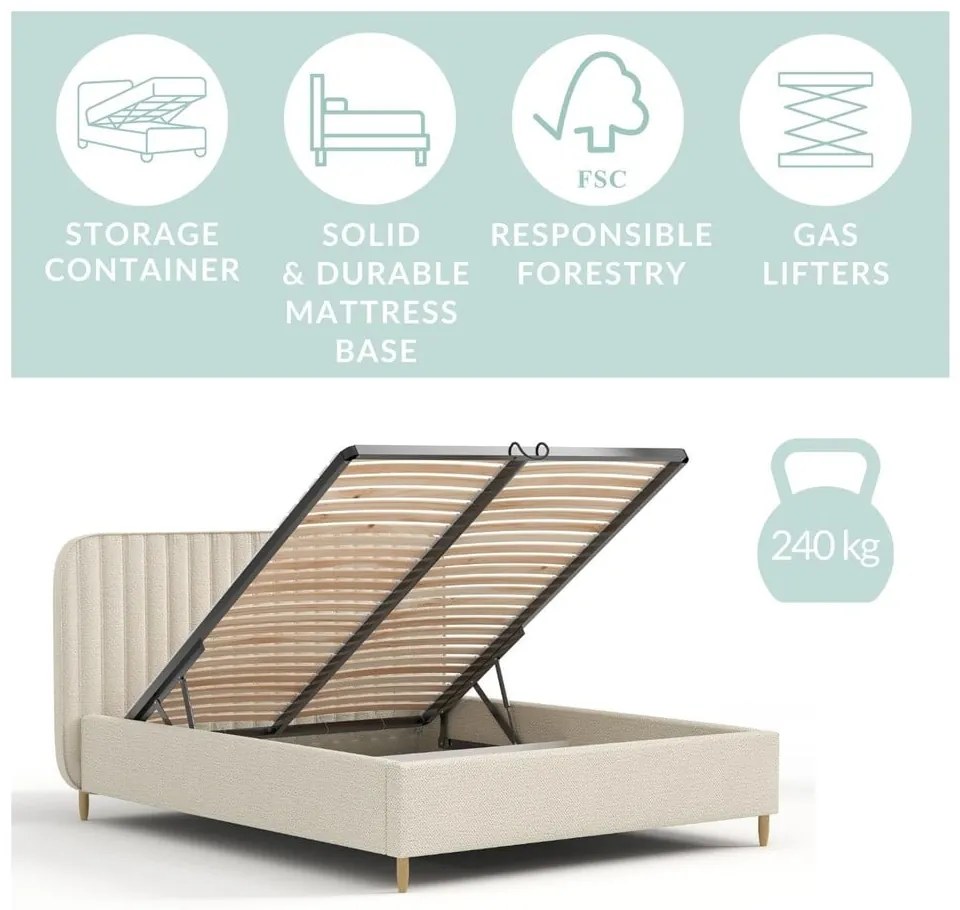 Letto matrimoniale imbottito beige con spazio contenitivo e rete 160x200 cm Noto - Maison de Rêve