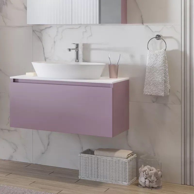 Mobile bagno 80cm sospeso con piano da appoggio in resina bianca SP-80B - KAMALU