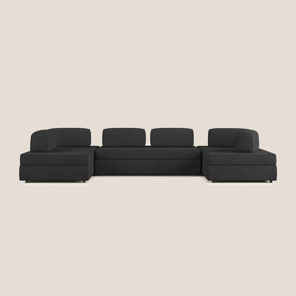 Liberty divano panoramico con pouf estraibile e schienali movibili in tessuto morbido impermeabile T02 nero