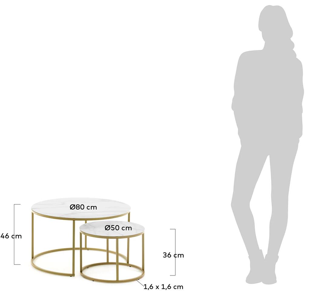 Kave Home - Set Leonor di 2 tavolini in vetro bianco e acciaio finitura oro Ã˜ 80 cm/ Ã˜ 50 cm