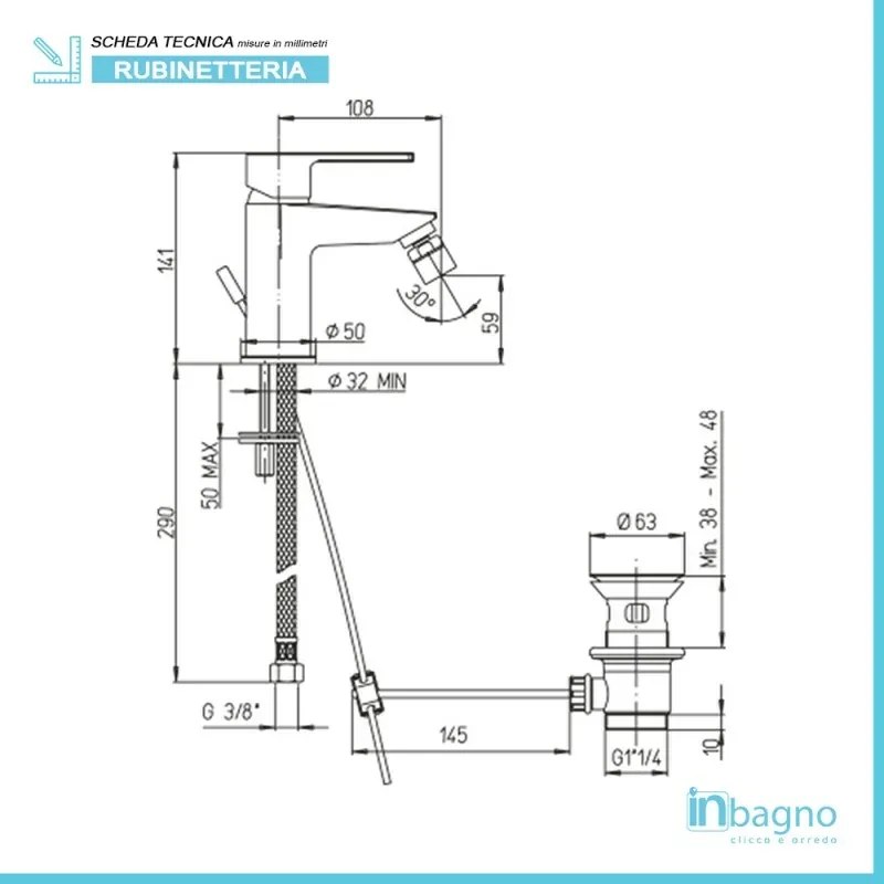 Miscelatore Bidet Piralla Baci 0CI00094A16 in ottone Cromato Completo di Piletta