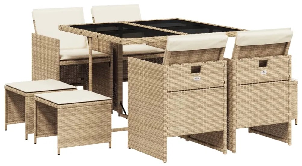 Set da pranzo da giardino 9 pz con cuscini beige in polyrattan