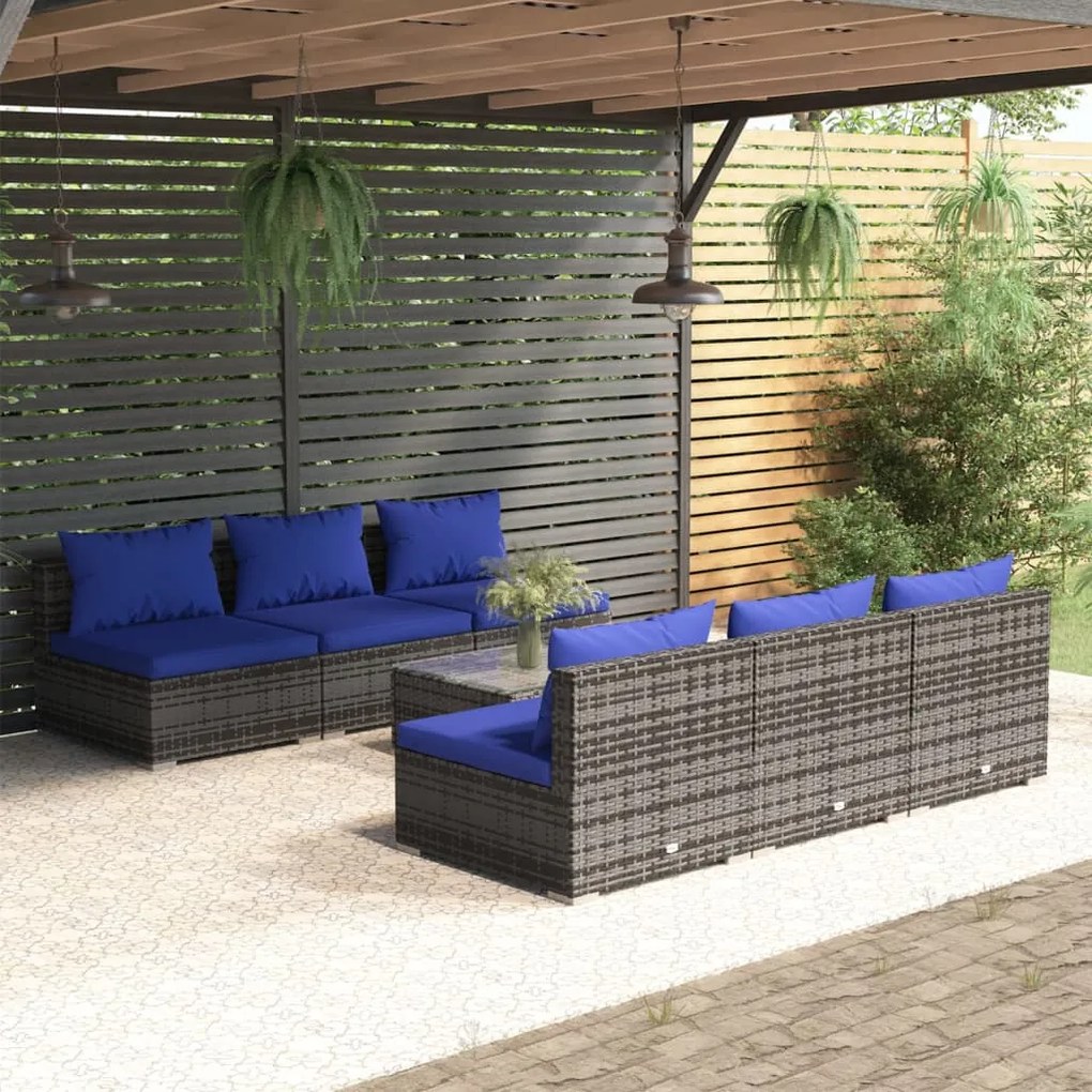 Set Divani da Giardino 7 pz con Cuscini in Polyrattan Grigio