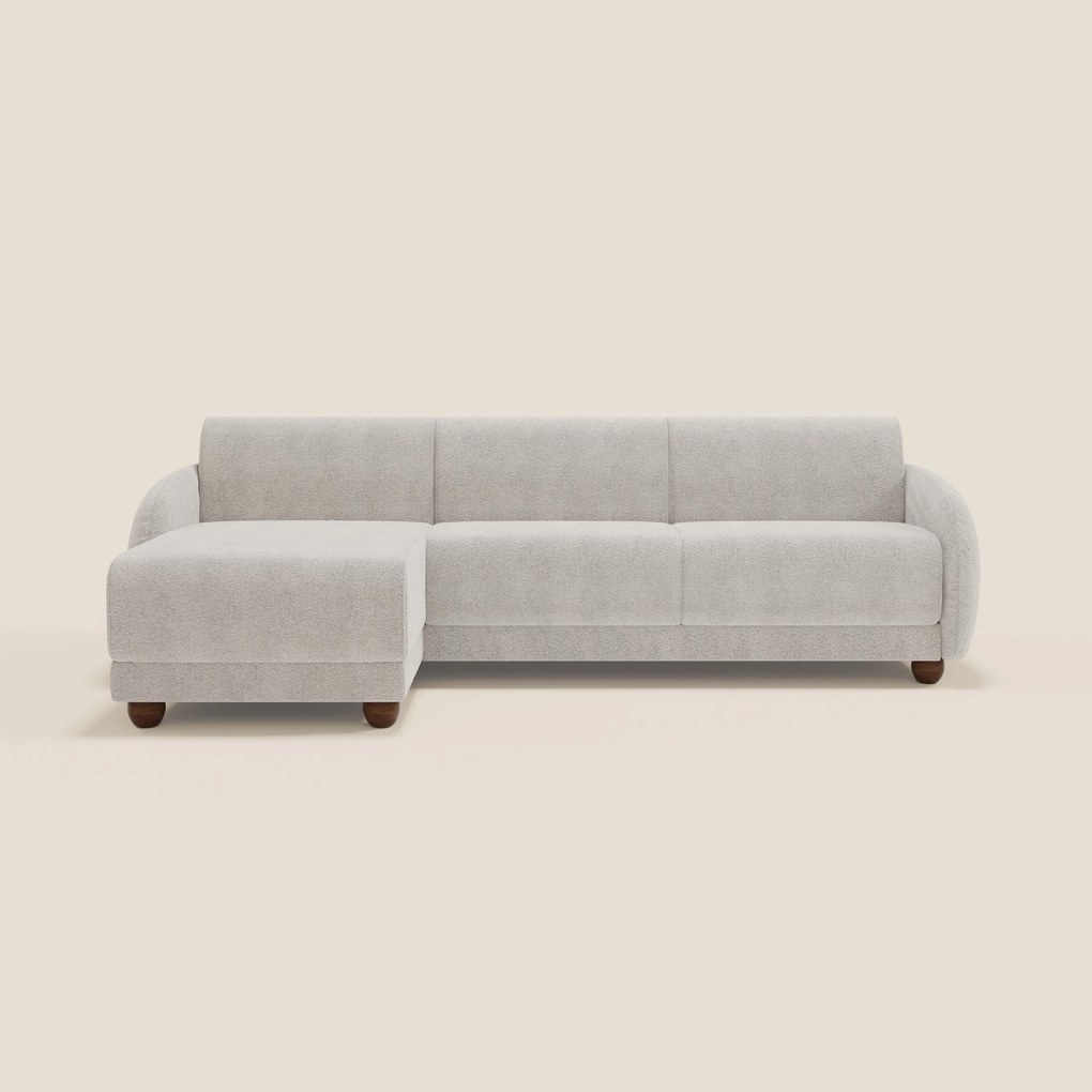 Giglio divano letto angolare con materasso alto 18 cm e penisola contenitore in morbido bouclé impermeabile T07 bianco