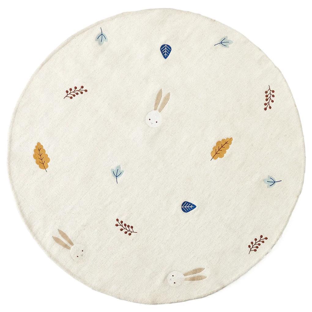 Kave Home - Tappeto rotondo Yanil in lana e cotone bianco con ricamo a foglia multicolore Ã˜ 120 cm
