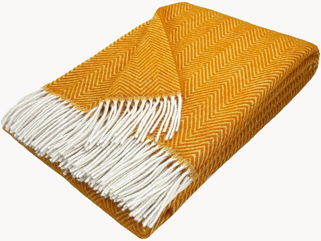Coperta in lana con motivo a spina di pesce e frange Tyrol