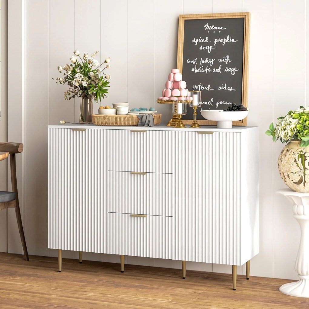 Credenza Moderna 120x40x89,5 cm con 3 Cassetti e 2 Armadietti in Legno e Metallo Bianco...