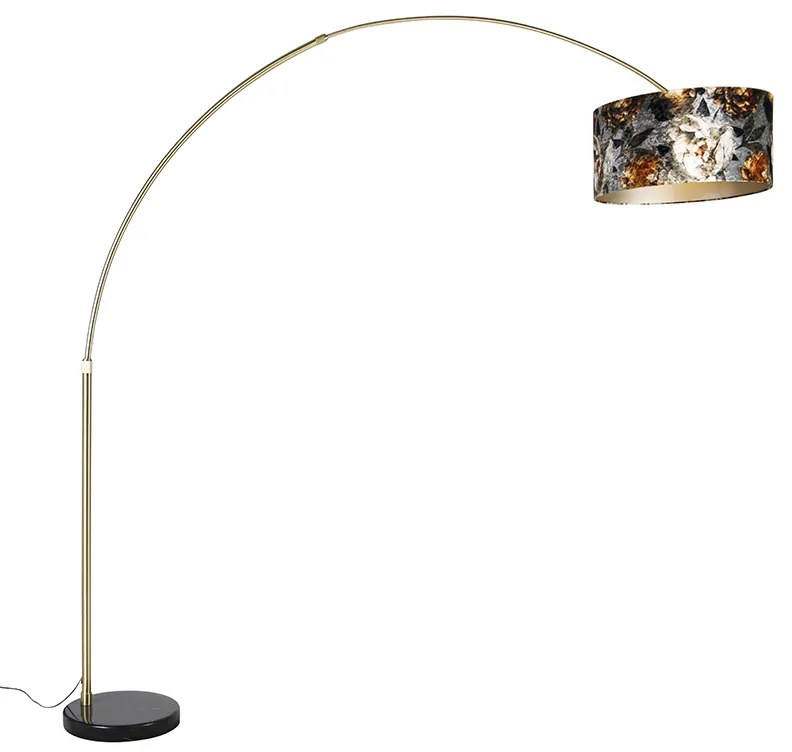 Lampada ad arco ottone con paralume nero a motivo floreale 50 cm - XXL