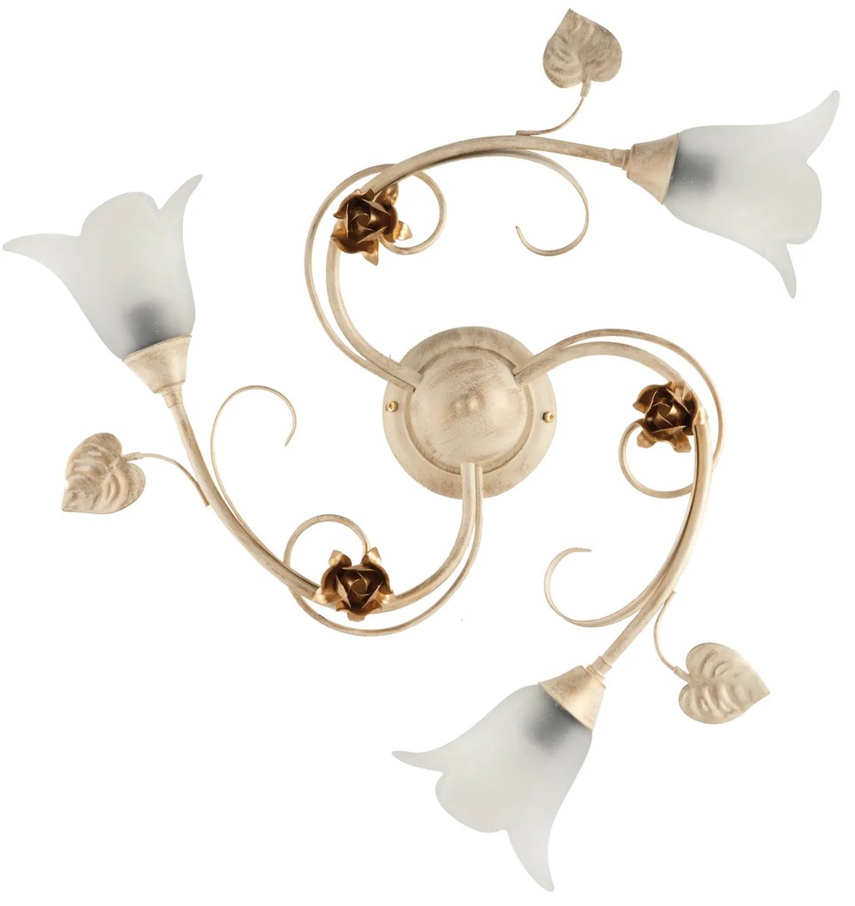 Plafoniera Classica Arte Povera 3 Luci Ferro Battuto Avorio e Oro Serie Cestino