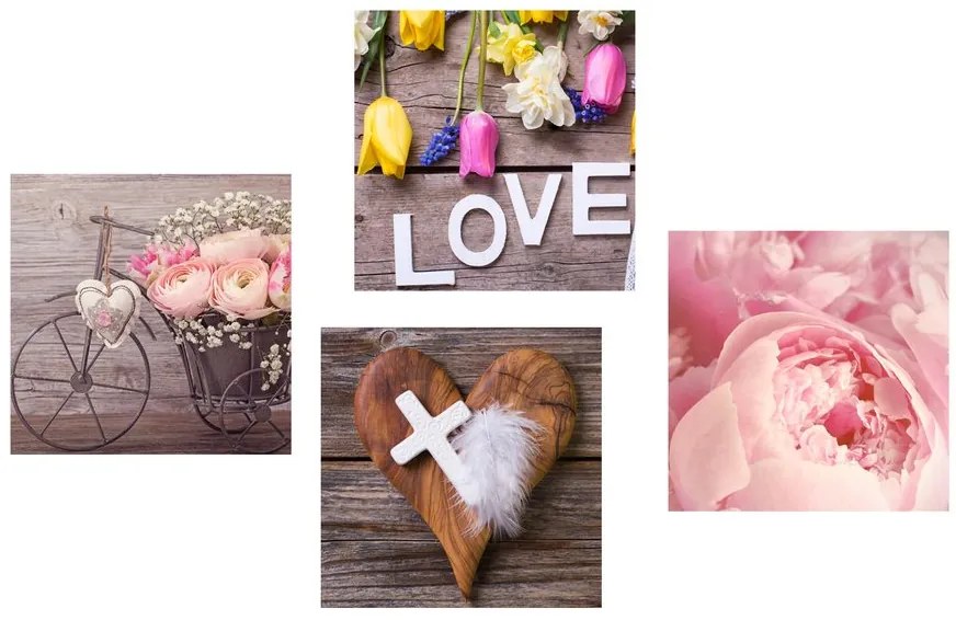 Set di quadri – Natura morta di fiori con croce e scritta Love