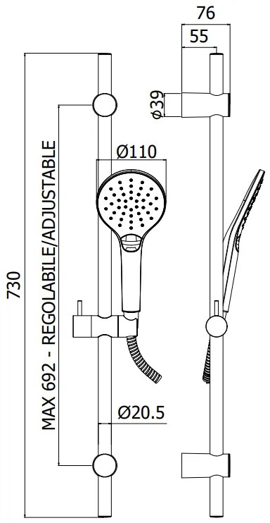 Paffoni Sofia ZSAL210CR asta doccia 73 cm con doccetta saliscendi e flessibile 150 cm cromo