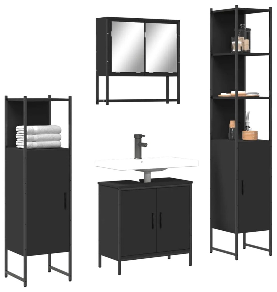 Set Mobili Da Bagno 4 Pz Nero İn Legno Multistrato /
