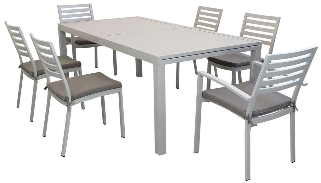 DEXTER - set tavolo in alluminio cm 200/300 x 100 x 74 h con 4 sedie e 2 poltrone Dexter