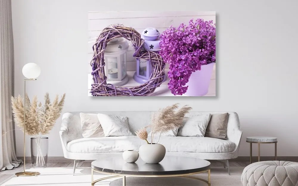 Quadro su tela – Cuore di vimini con lanterne e lilla