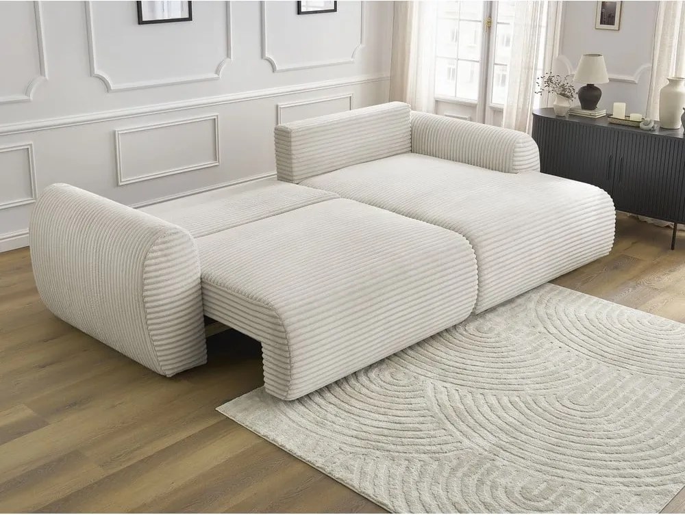 Divano angolare color crema allungabile (con penisola a destra) con rivestimento in velluto a coste Lucien – Bobochic Paris
