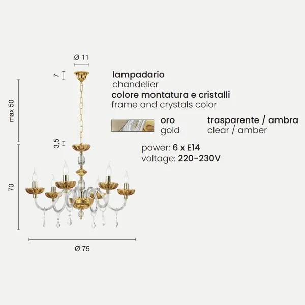 Lampada a sospensione PATRICIA in vetro e cristallo D75 cm Ambra 6 LUCI