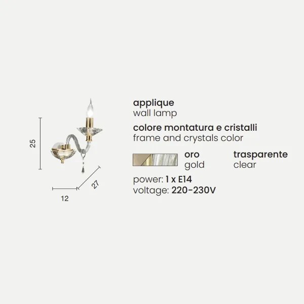Applique FIAMMA in cristallo e vetro trasparente 12 cm finitura oro 1 Luce