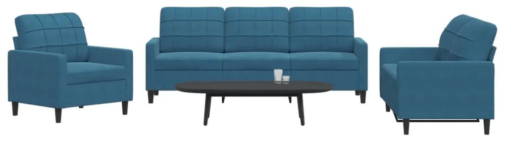 Set Di Divani 3 Pz Con Cuscini Blu İn Velluto /