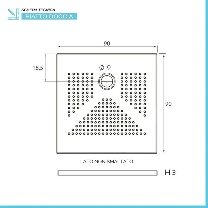 Piatto doccia quadrato 90x90 H3 cm in ceramica bianco opaco con antiscivolo Ruy