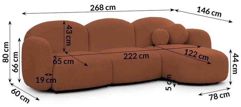 Divano angolare color terracotta (con penisola a destra/con chaise lounge) con rivestimento in bouclé Orbit – Ropez