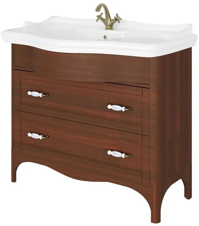 Mobile bagno a terra 115 cm noce con cassetti specchio e lampade Romantica