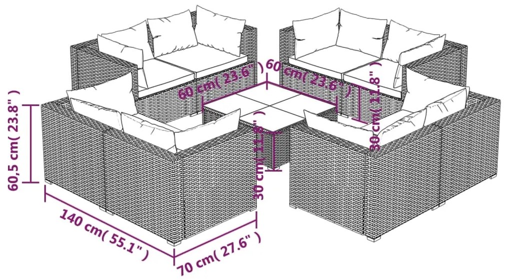 Set Divani da Giardino 9 pz con Cuscini in Polyrattan Nero