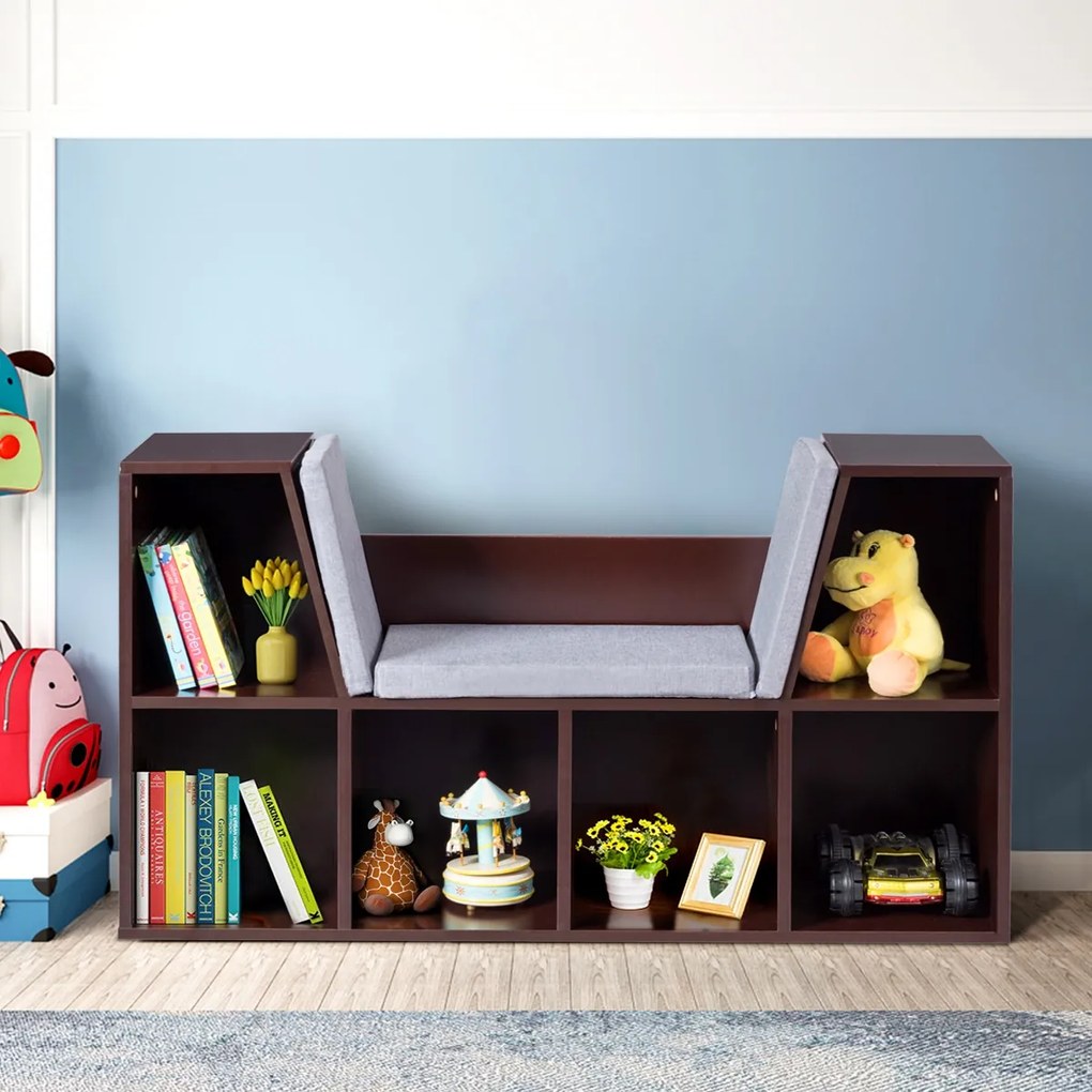 Costway Libreria con cuscino e 6 cubi, Libreria con angolo per leggere per bambini e ragazzi, Marrone
