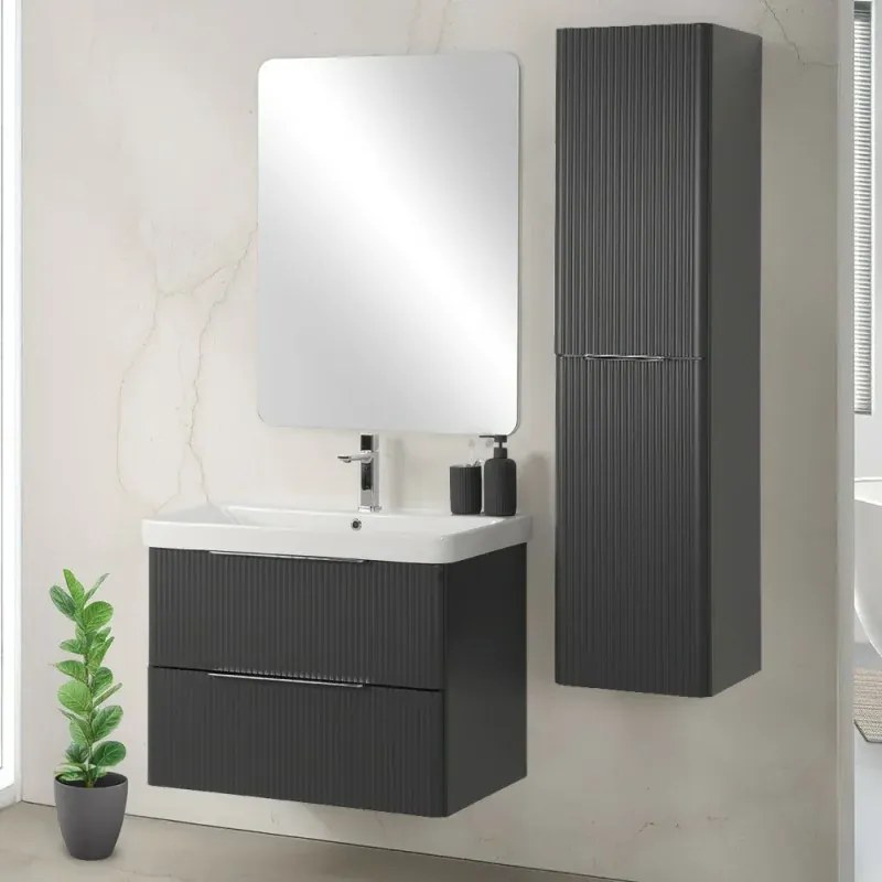 Mobile bagno sospeso 80cm antracite cannettato con cassetti, specchio e lavabo Mia