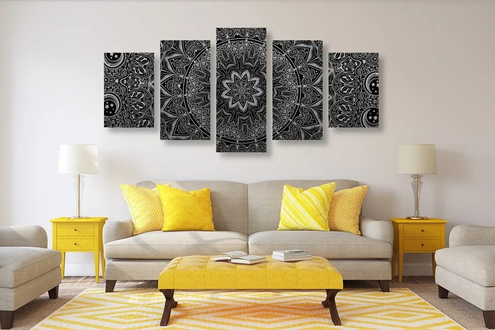 Quadri 5 pezzi – Mandala orientale in bianco e nero