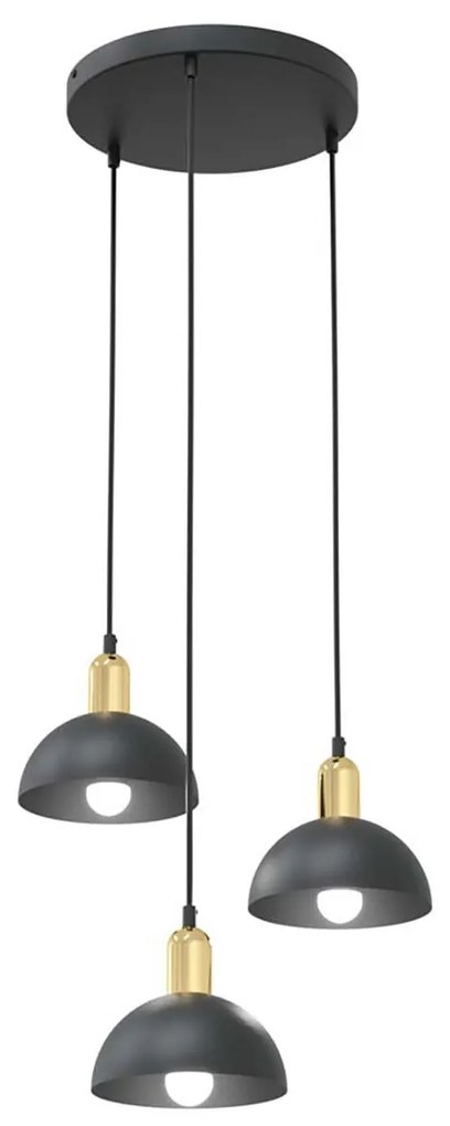 Lampadario 3 Luci Idunn Base Tonda In Acciaio Nero E Oro Diffusori A Cupola
