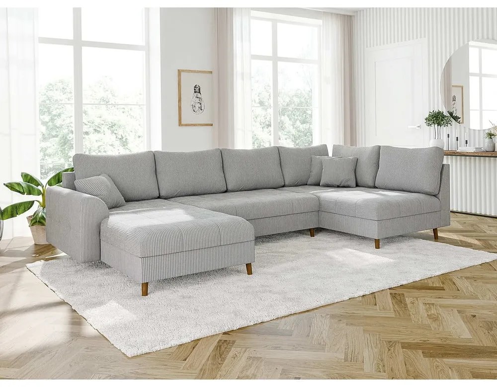 Divano angolare in velluto a coste grigio chiaro (angolo sinistro/U) Ariella - Ropez
