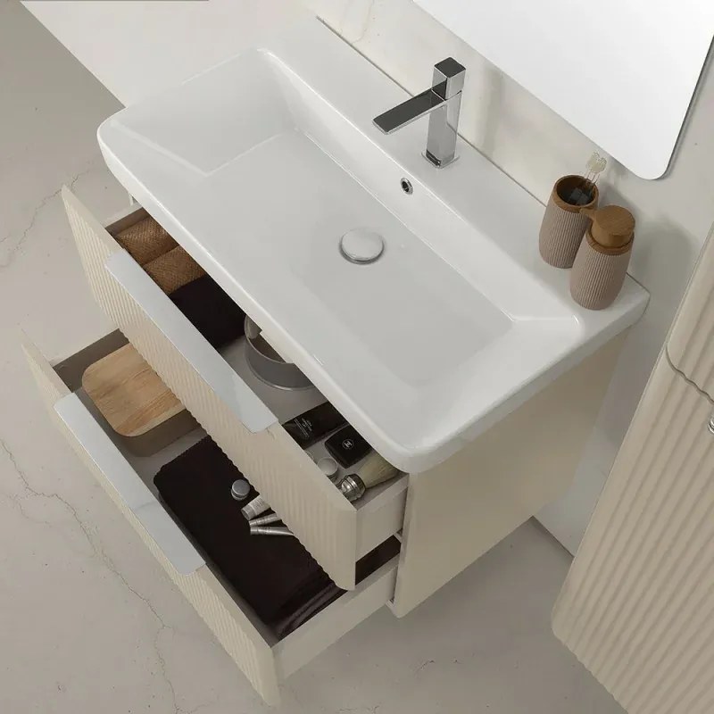 Mobile bagno sospeso 80cm beige cannettato con cassetti, specchio e lavabo Mia