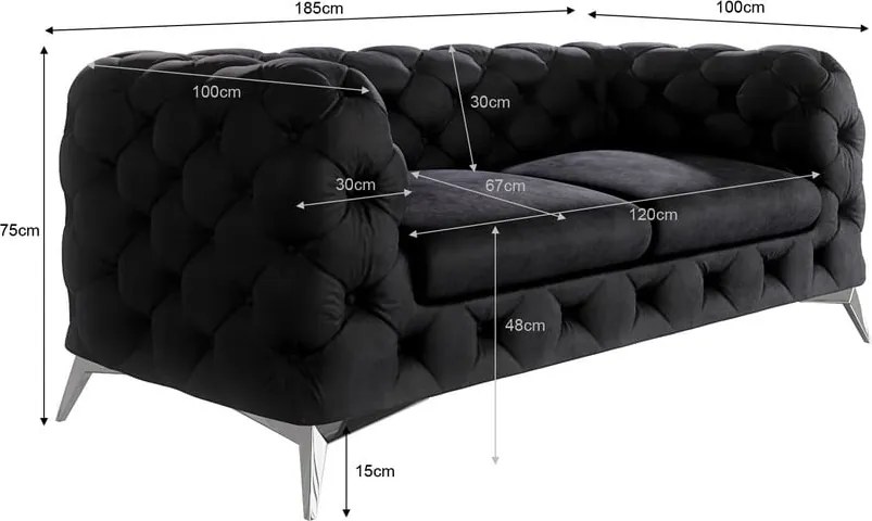 Divano nero con rivestimento in velluto 185 cm Chelsea – Ropez