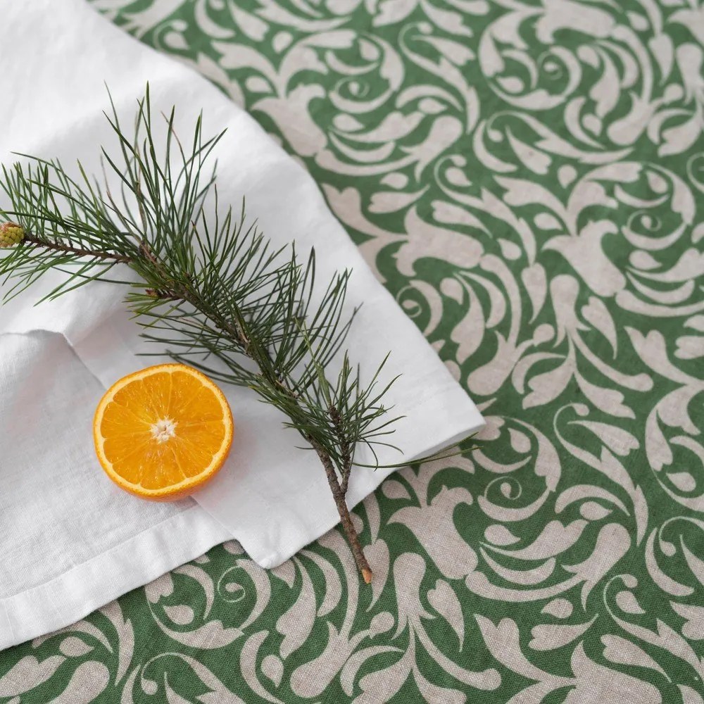 Tovaglia in lino 140x300 cm Evergreen Damask – Linen Tales
