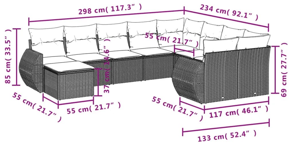 Set Divani da Giardino 10pz con Cuscini in Polyrattan Nero