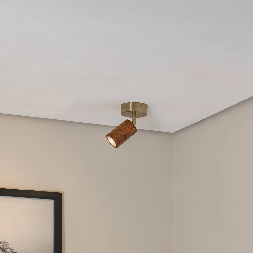 Faretto da soffitto Legno, marrone/ottone, altezza 18 cm, legno Legno Lucea, dimmerabile, Ottone / Oro, Soggiorno / Sala da pranzo, Metallo, Faretto