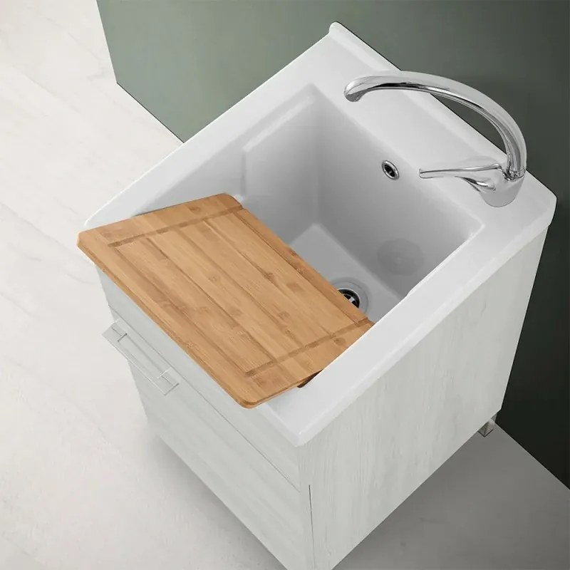 Mobile lavatoio 45x50 cm rovere bianco con vasca lavapanni in ceramica