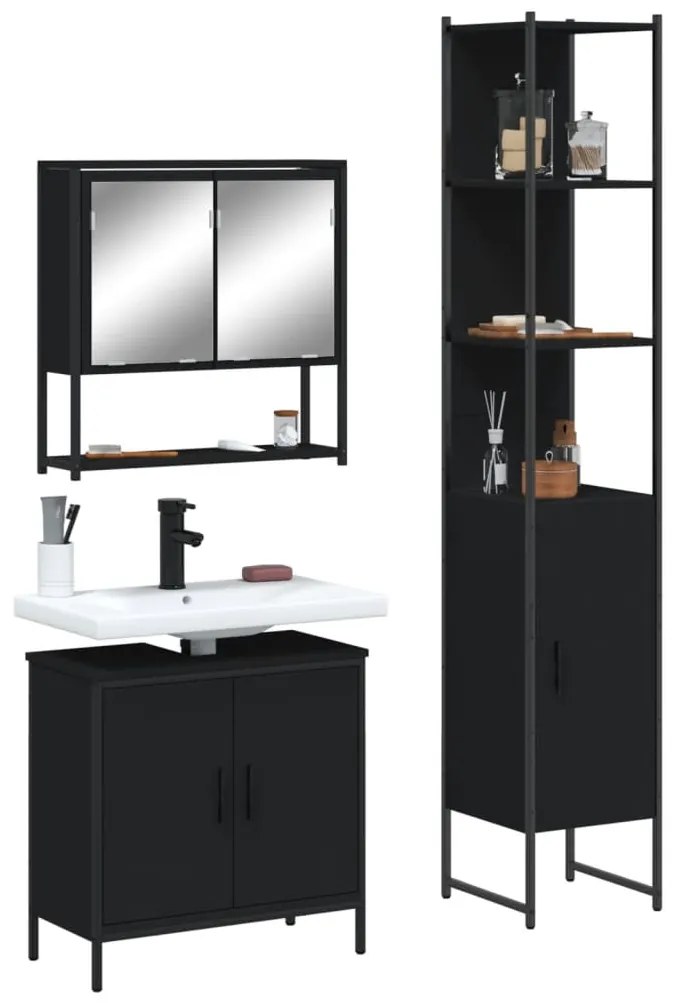 Set Mobili Da Bagno 3 Pz Nero İn Legno Multistrato /