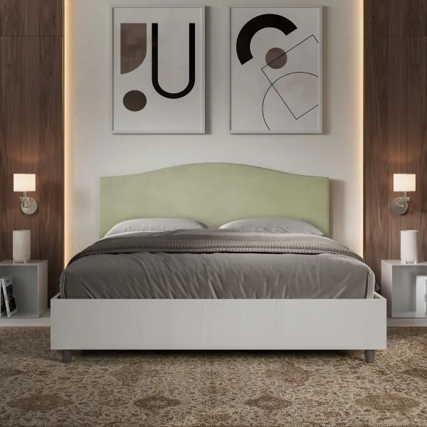 Letto matrimoniale e rete 160x200 in legno bianco e testata in microfibra tč verde Grace