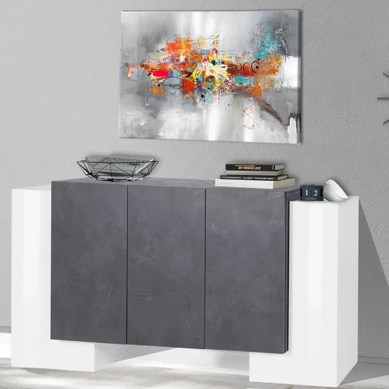 Mobile credenza PILLON L 170 x H 85 P 45 cm bianco lucido e grigio