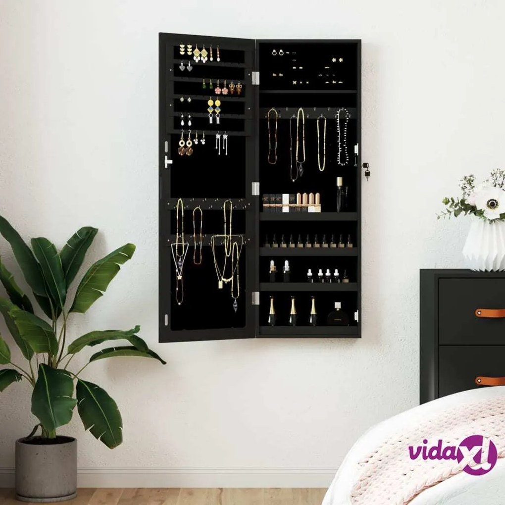 vidaXL Armadio Portagioie con Specchio a Muro Nero 37,5x10x106 cm